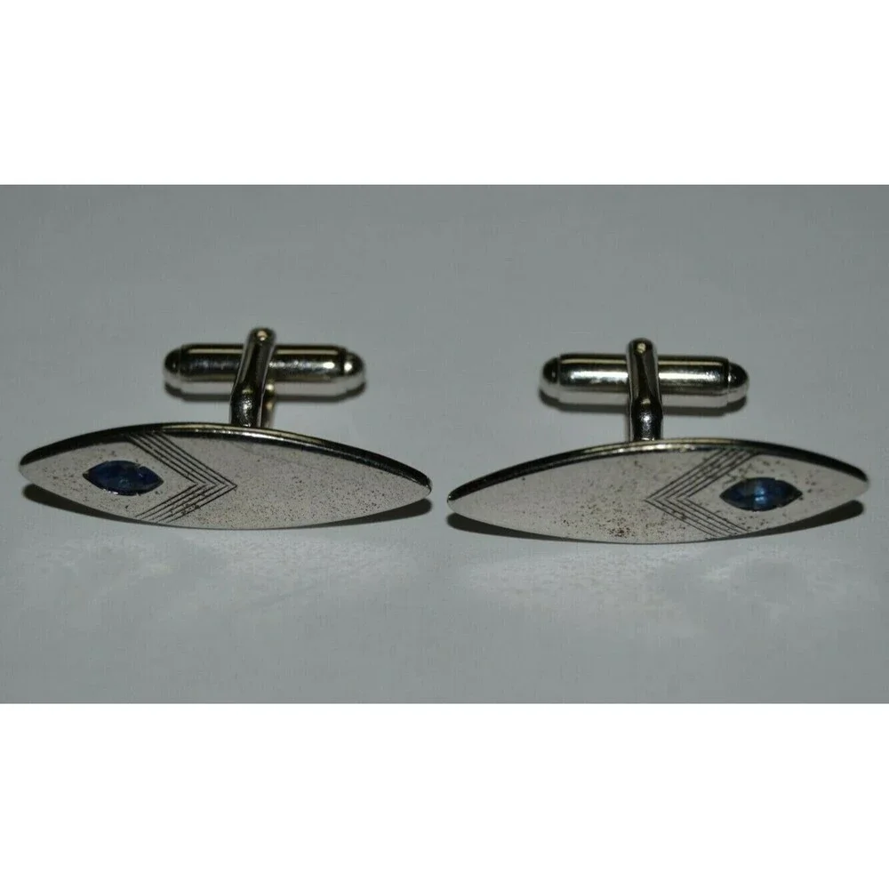 Vintage Large Oval Chrome Silver & Blue Stone Mid Century Modern Cuff Links RARE